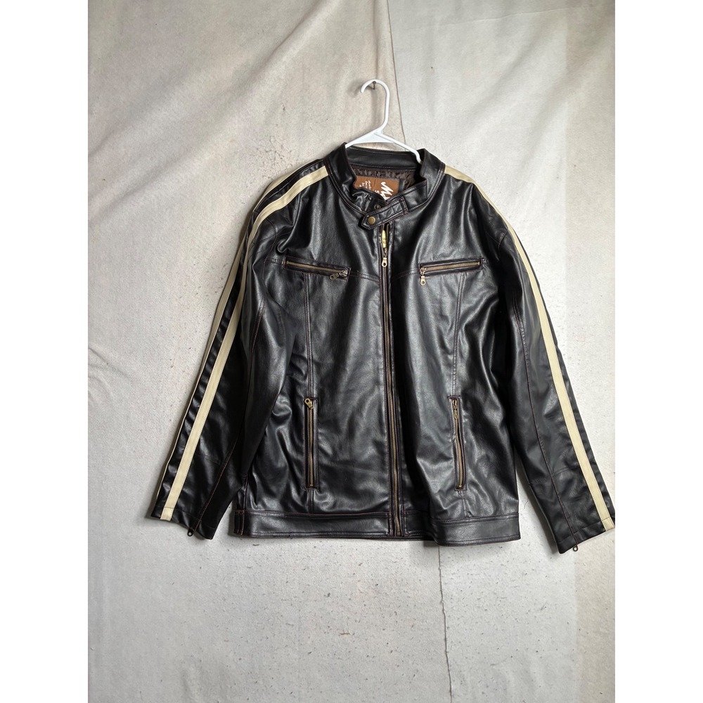 Machine Mens Faux Leather Cafe Racer Jacket Dark Brown Cream Stripe XXL M5064PL